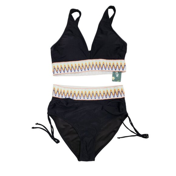 Black High-Waisted Bikini Set With Adjustable Straps & Chevron Accents Size M - Picture 1 of 7